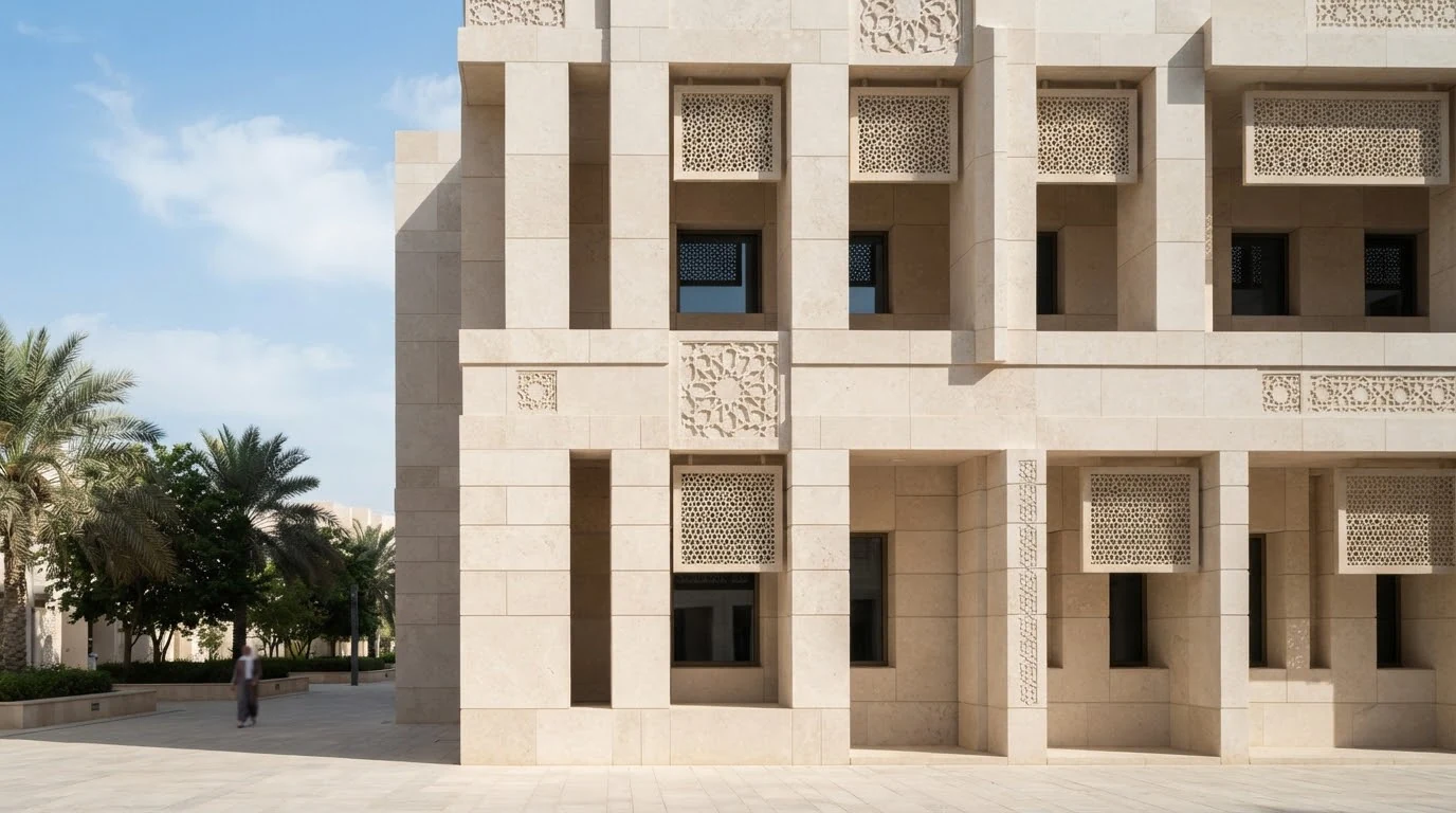 Light stone institutional architecture with geometric screens