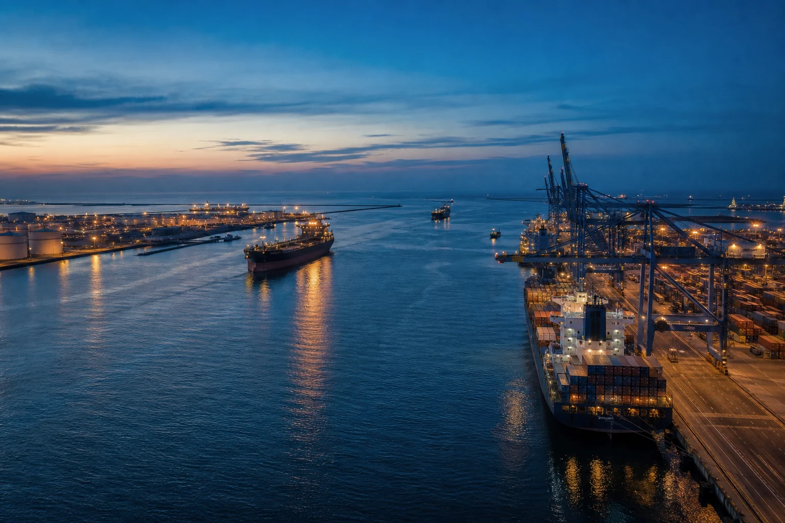 Gulf maritime logistics corridor with port cranes and cargo vessels at dusk