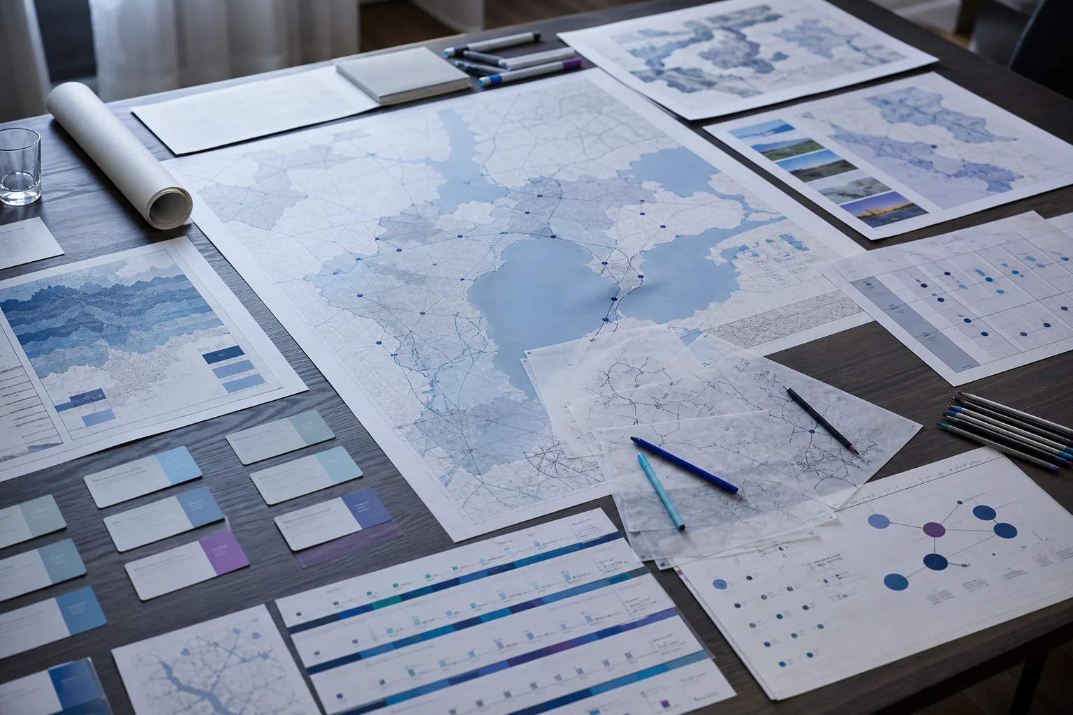 Regional maps, scenario cards, timelines and risk matrices arranged on a research table