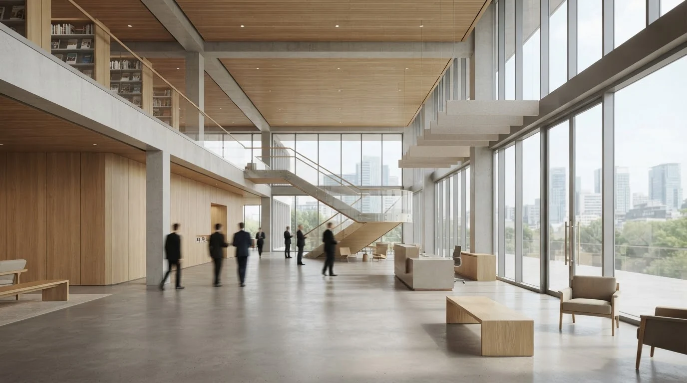 Light-filled contemporary institutional interior representing an open contact point