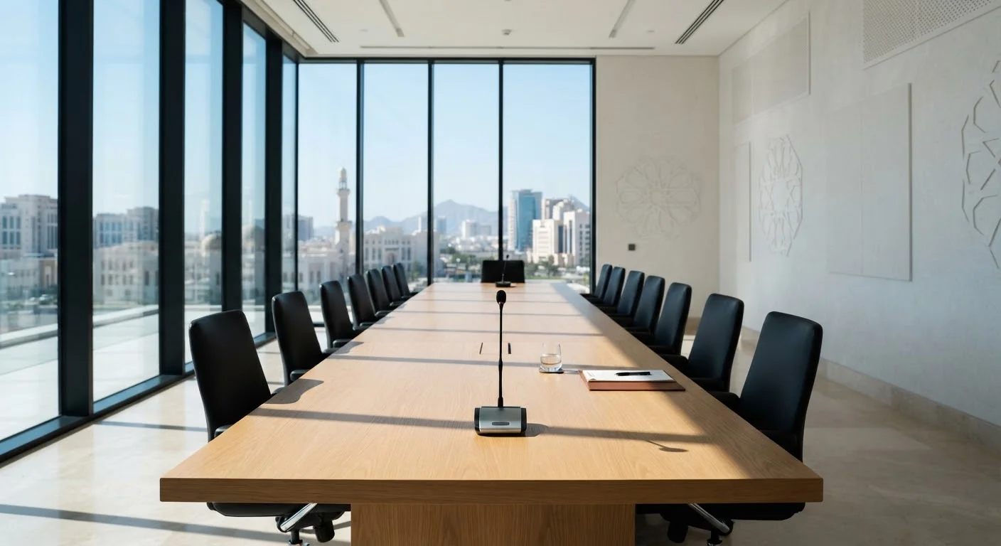 Empty policy dialogue room with a long table and Gulf city view