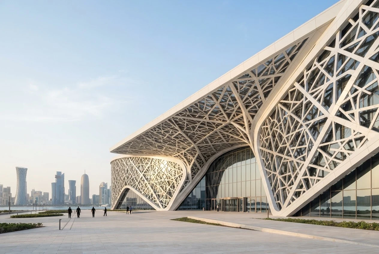 Contemporary Middle Eastern cultural architecture with a modern Gulf skyline