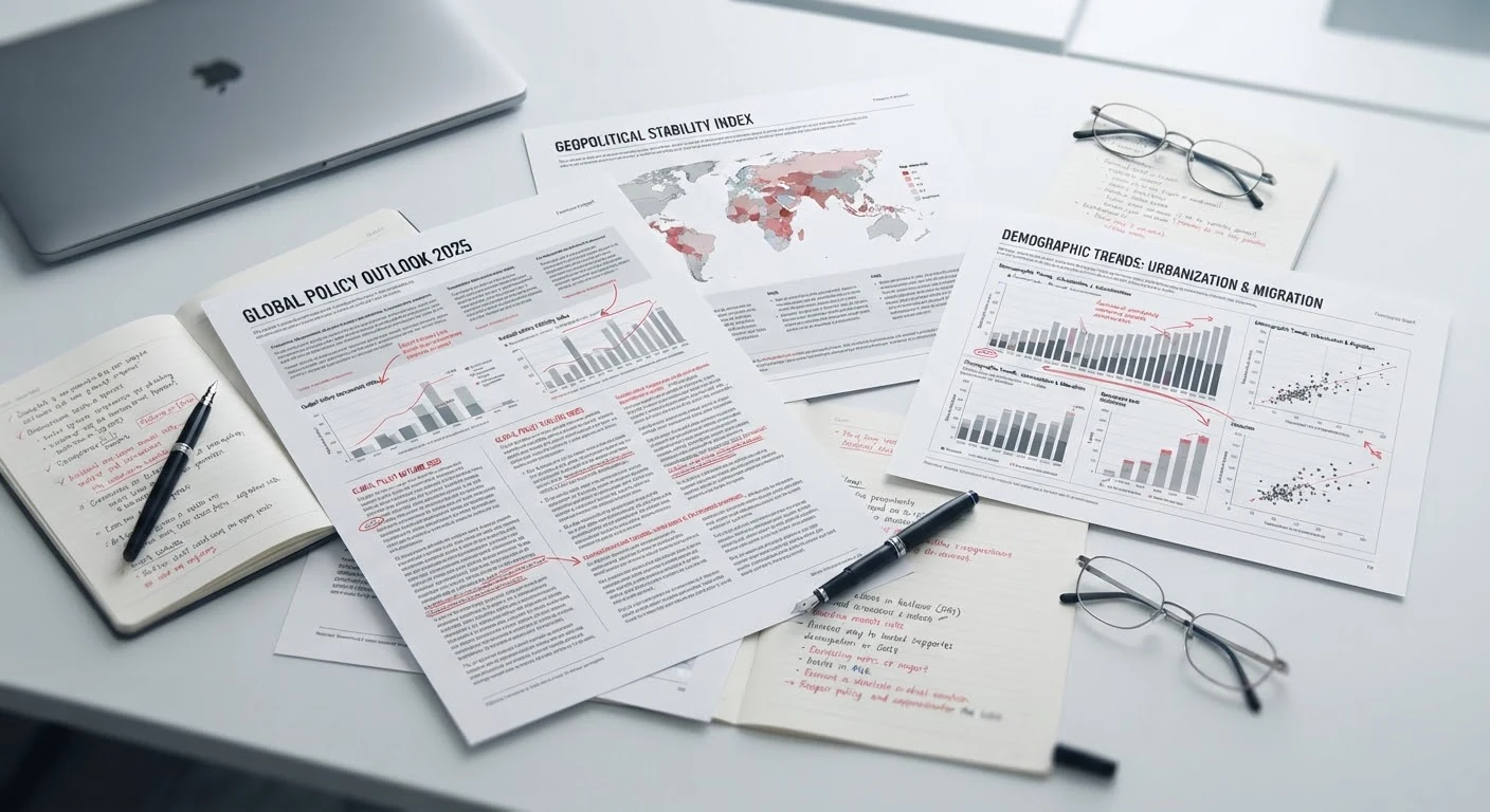 Policy reports, maps and analytical charts on a research desk