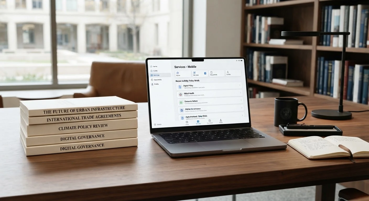Research workspace with policy books, notes and a laptop