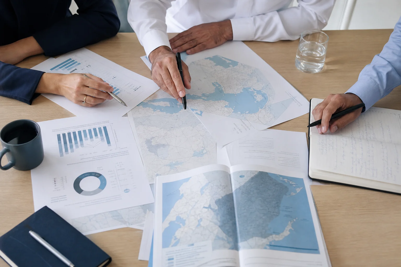 Researchers reviewing maps and evidence around a shared table